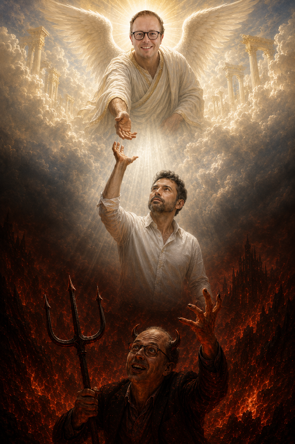 Angel partner above, consultant reaching upward in the middle, devil partner below